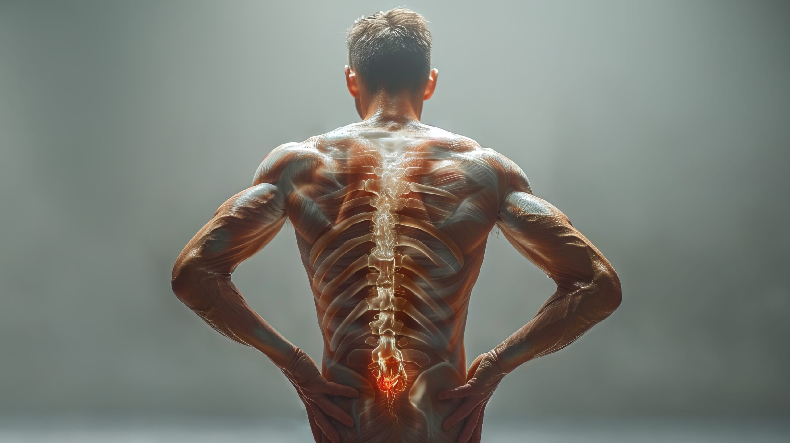 Muscular white male with highlighted spine experiencing lower back pain. concept of human anatomy, muscle structure, spinal health, and pain management.